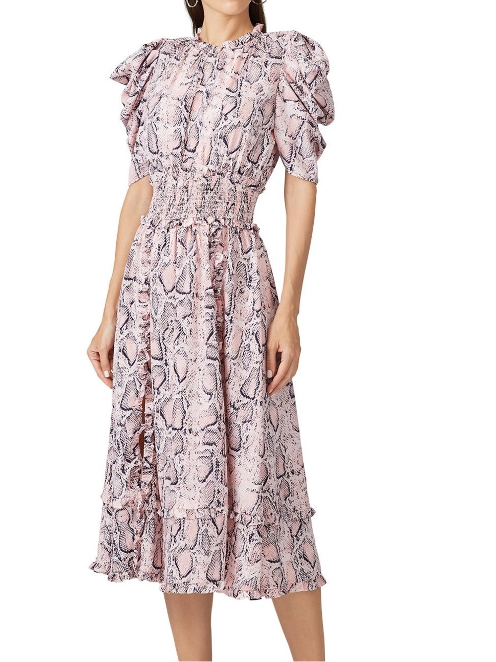 Elliatt Pink Snake-Print Midi Dress with Puff Sleeves